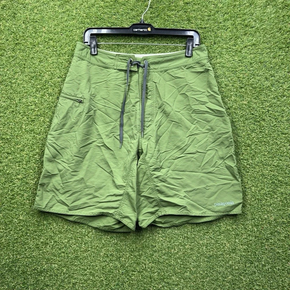 Patagonia Wavefarer Board Shorts Mens 33 Green Swim Solid Surf Beach Zip Pocket